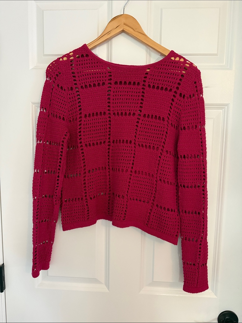 Ming Wang Open-Knit Crewneck Sweater in Raspberry